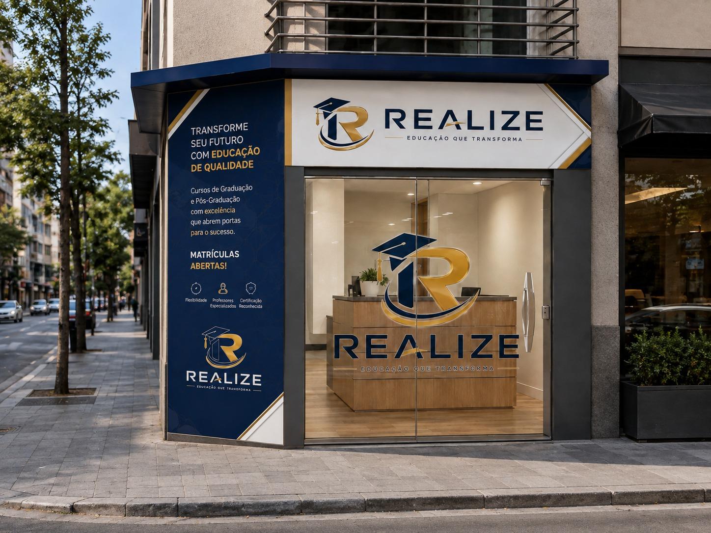 Loja de rua Realize: fachada de esquina com toldo navy, letreiro iluminado, vitrine adesivada e recepção visível da calçada